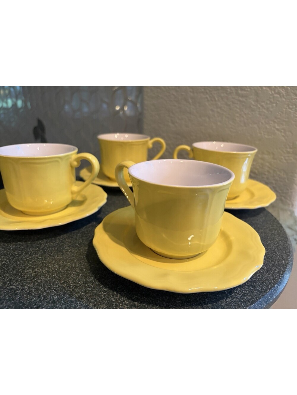 4 Vintage Lemon Yellow Federalist Ironstone Cups & Saucers #4236 Japan (8-piece)